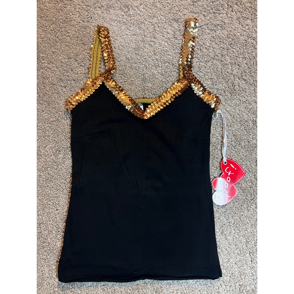 Poof! Clothing Company Womens Sequin Trim Camisole Top Black Gold Small Y2K